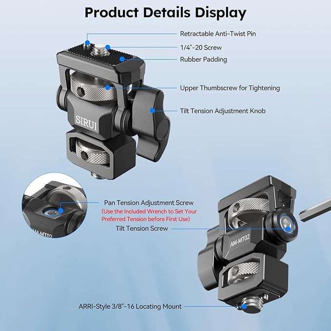 Sirui Camera Monitor Mount with 3/8” Retractable Locating Pins Mounting Base, Swivel and Tilt Adjustable Field Monitor Holder with Anti-Twist Pin for 5" and 7" Monitors, AM-MT02