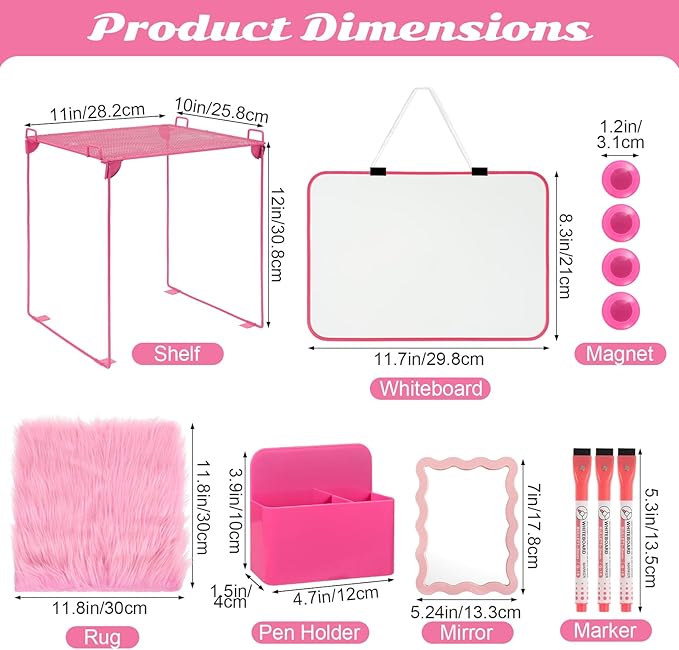 12 Pcs Locker Organizer and Decorating Kit, First Day of School Essentials Marble Print board with Markers Locker Shelf Plush Area Rug String Light Mirror Magnetic Cup and Magnet (Rose Red)