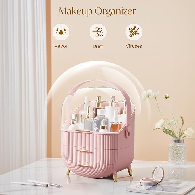 Makeup Organizers, Make Up Organizers for Vanity, Countertop Cosmetic Storage with Drawers and Transparent Cover for Bedroom Bathroom(Pink)