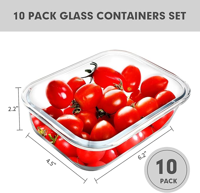VERONES 10 Pack 22 OZ Glass Meal Prep Containers, Airtight Glass Lunch Containers Set, Food Storage Containers with Lids,BPA Free, for Microwave, Oven, Freezer & Dishwasher Friendly,White