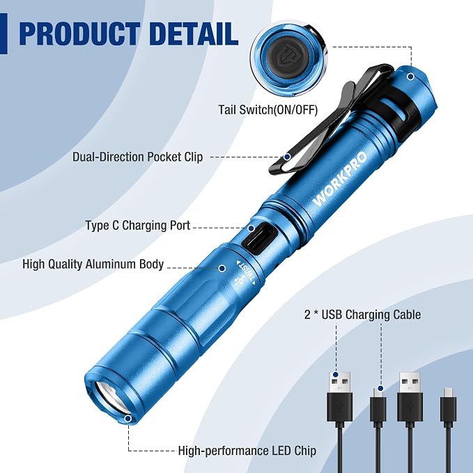 WORKPRO Rechargeable Pen Light 2 Pack Ultra-Compact EDC Flashlight Black | Mini Flashlight Pocket Flashlight with Clip Memory Function and 2 x USB C Cable Included
