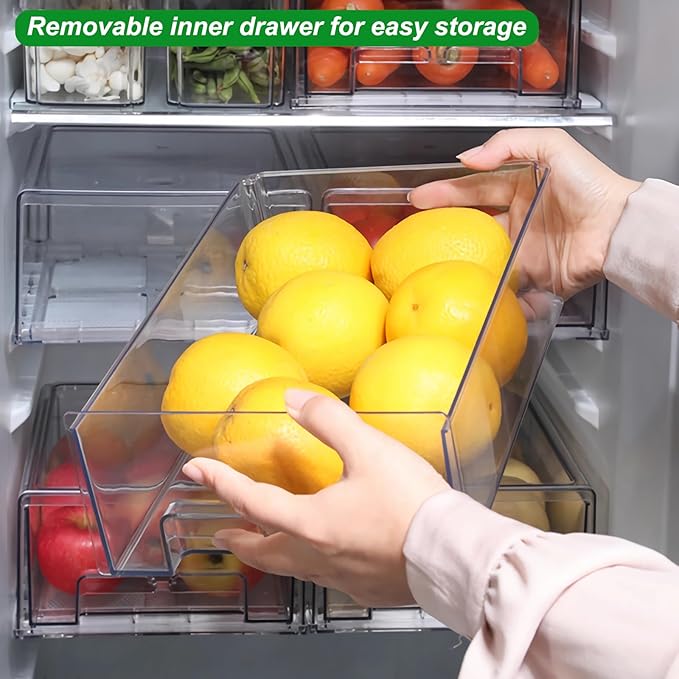 Taiuloo 2 Pack Stackable Refrigerator Organizer Bins with Pull-Out Drawer, Clear BPA-Free Food Storage Containers for Fridge Freezer, Kitchen Pantry Cabinet & Bathroom Vanity Organization