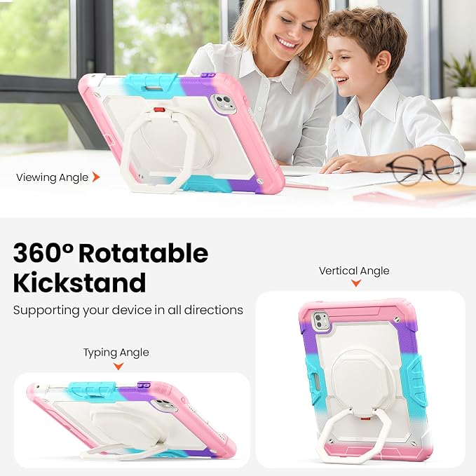 for iPad Pro 11 inch Protective Case M5 2025/M4 2024: Heavy Duty Shockproof Case with Pencil Holder - 360°Rotating Handle/Stand - Screen Protector - Shoulder Strap Black/Sky Blue
