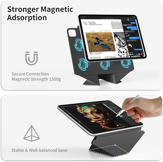 Magnetic Case for iPad Air 11 M4/M3/M2 iPad Air 5th/4th Gen 10.9 | Slim Detachable Magnetic Stand Case with 20+ Viewing Angles Hidden Pencil Holder Auto Wake/Sleep Black