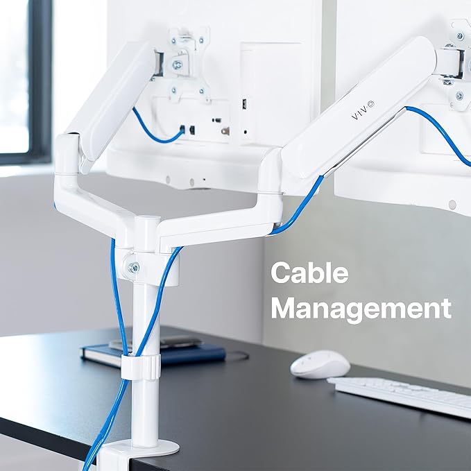 VIVO 17 to 32 inch Dual Pneumatic Monitor Mount, 2 Pneumatic Arms, Adjustable Swivel, Rotation, Heavy Duty VESA Desk Stand with C-clamp, Grommet, Max VESA 100x100, White, STAND-V002KW