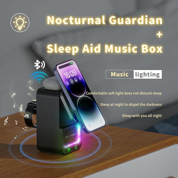 4 in 1 Magnetic Wireless Charging Station Foldable Wireless Charger Stand with Bluetooth Speaker for iPhone 16 15 14 13 Series for AirPods 3/2/Pro for Apple Watch Ultra/SE/9/8/7/6/5/4/3/2/1 (Black)