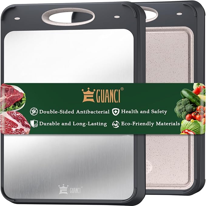 GUANCI Stainless Steel Cutting Board for Kitchen, Non Toxic 2-in-1 Double Sided Design, 304 Food Grade Stainless Steel & Wheat Straw PP, Durable Chopping Board for Meat & Vegetables, 14×9.6 Inch