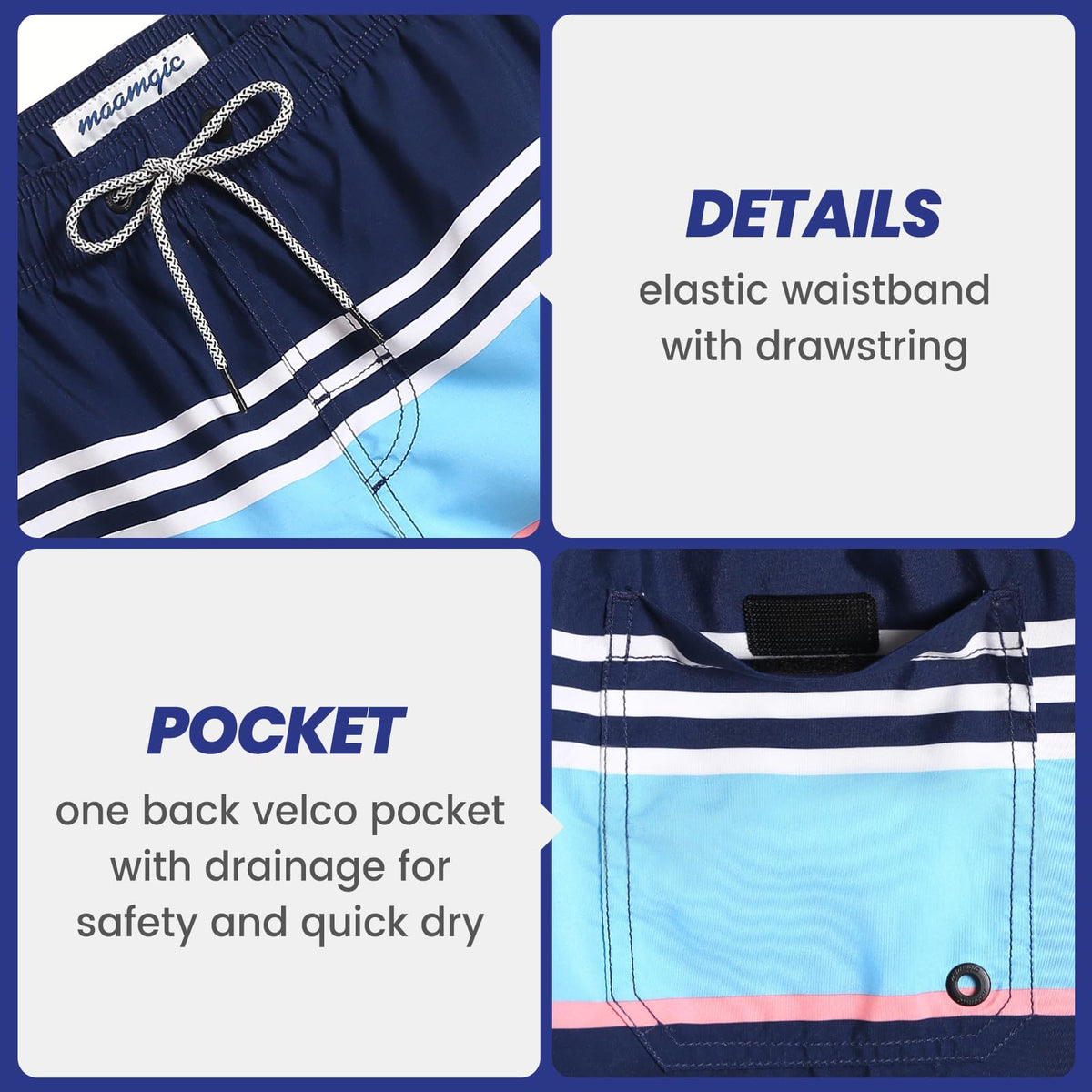 maamgic Mens Swim Trunks Quick Dry Swim Shorts with Mesh Lining Funny Swimwear Bathing Suits 7inch Striped Navy Large