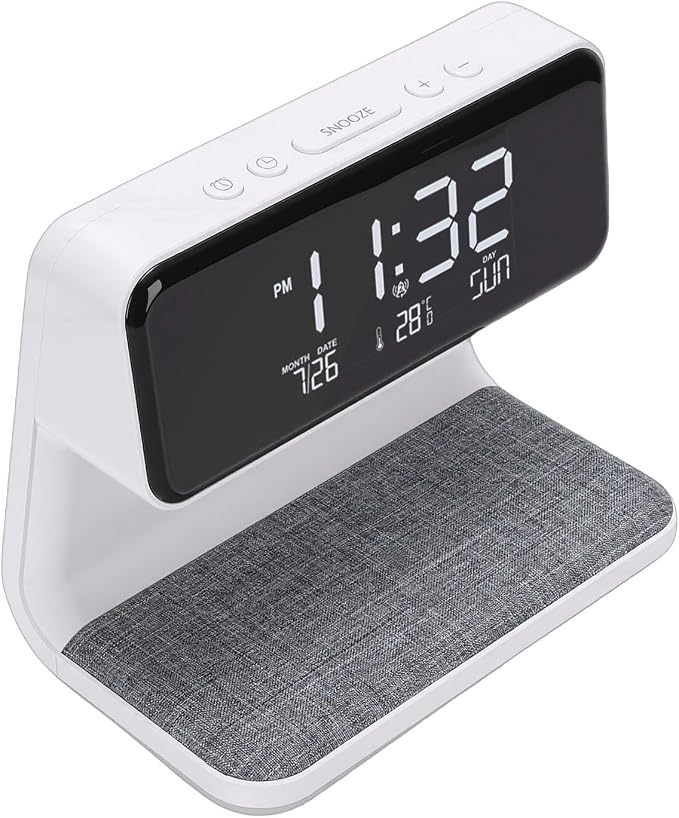 3 in 1 Wireless Charging Digital Alarm Clock with 15W Fast Charger Night Light Date Temperature Display for Bedroom Desk