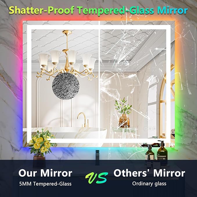 YEELAIT 44x30 Inch RGB LED Bathroom Mirror Front Light and RGB Backlit Lighted Vanity Mirror for Bathroom Wall Mounted Dimmable Anti Fog Memory Shatter-Proof IP54 Waterproof Horizontal/Vertical