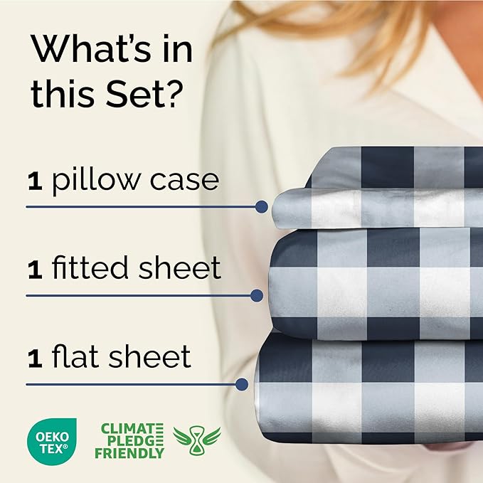 Blue Gingham Bed Sheet Set – 1 Flat & 1 Fitted Sheet & 1 Pillowcase w/ Deep Pockets – Grid, Plaid, Checkered Pattern Bedding - Wrinkle & Fade Resistant - Soft, Breathable and Cooling - Twin XL Size