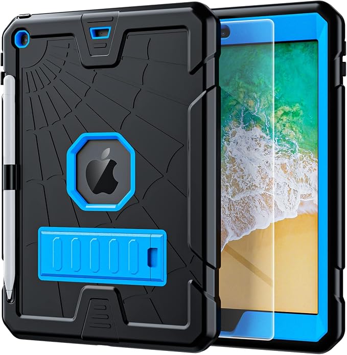 TSQQST iPad 9.7 Case 6th/5th Gen 2017 2018 for Kids Boys Girls | Tempered Glass Screen Protector Pencil Holder &amp Stand Heavy Duty Shockproof Rugged Protective Red+Blue