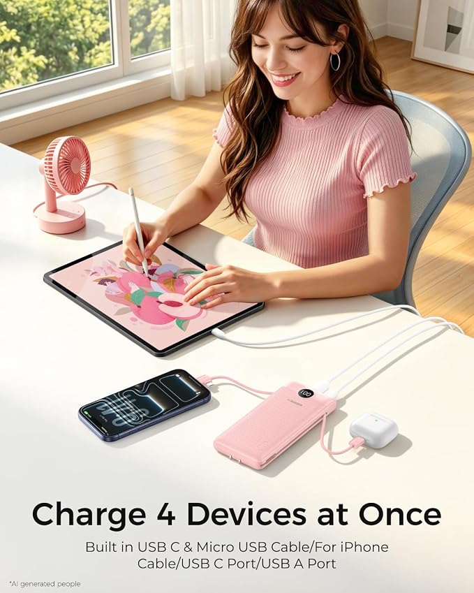VEGER Portable Charger for iPhone Power Bank Built in Cable and Wall Plug | 10000mAhUltra Slim&ampCompact5 OutputsLED DisplayFlight-SafeTravel Essentials Battery Pack for iPhone 17iPad Samsun
