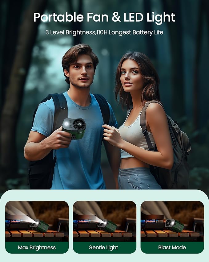 Primelove 10000mAh Portable Waist Rechargeable Fan,Clip on Belt Fan With 10 Speeds 16000PRM Strong Airflow,Hands-Free Hanging Neck Fan,Long-Lasting Cooling for Camping,Hiking,Outdoor,Jobsite,Green