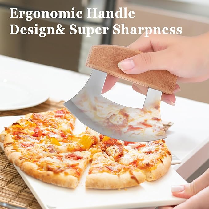 Hanaive 2 Pack 4 x 5 Inch Mezzaluna Ulu Knife Salad Veggies Rocker Chopper Slicer Cutter Mezzaluna Knife with Wooden Display Stand for Kitchen Cutting Chopping Knives Chef Cleaver Arthritic Tool
