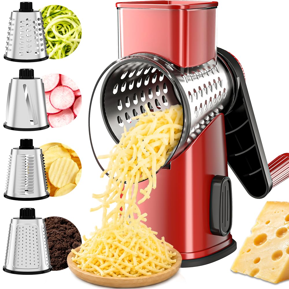 VEKAYA Rotary Cheese Grater Hand Crank, Large Drum Cheese Shredder (red)