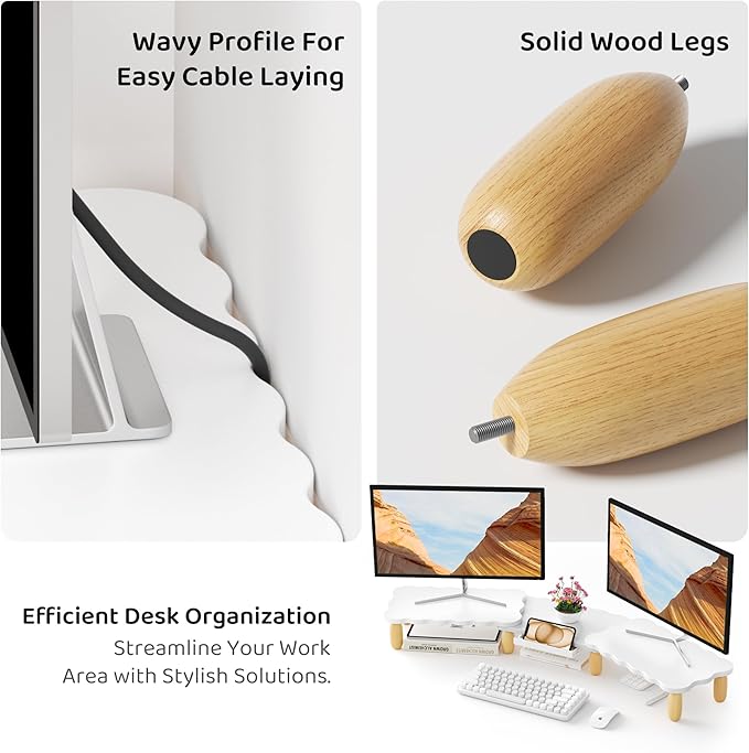 Dual Monitor Riser, Cookie-Shaped Adjustable Length & Swivel Angle, Wooden Desktop Organizer for 2 Monitors,Monitor Stand with Drawer for Laptop, PC, Computer, Printer,White
