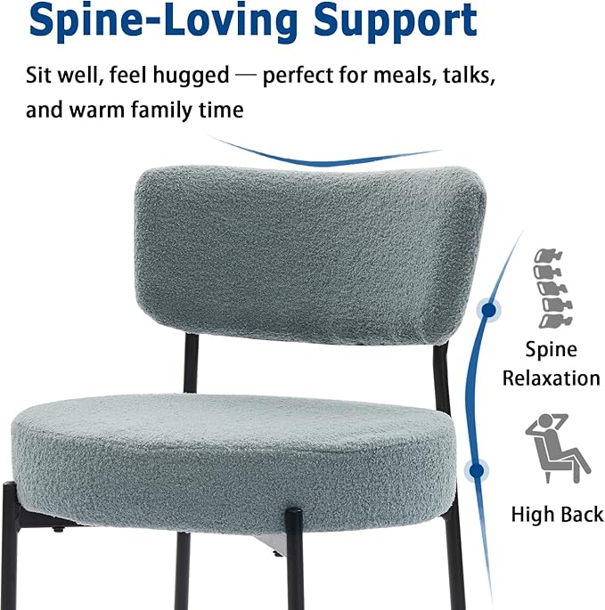 Grey Boucle Dining Chairs Set of 2, Upholstered Dinner Chair with Metal Frame, Dining Room Chairs with Padded Seat, Round Modern Seating for Living Room