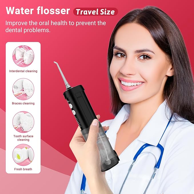 JNGOODS Mini Portable Water Flosser Oral Irrigator Water Teeth Cleaner Pick, Telescopic Water Tank, 4 Modes & IPX7 Waterproof, Home & Travel Water Flossers for Teeth, Braces Bridges Care. (Black)