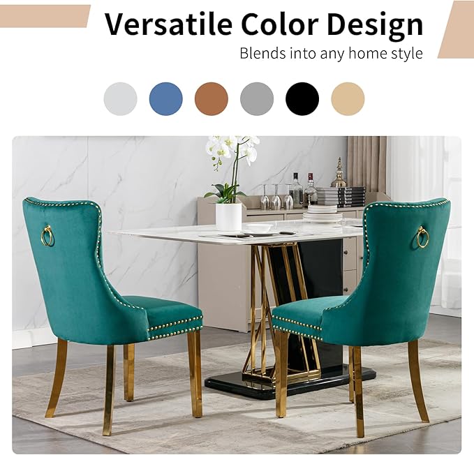 Luxury Upholstered Dining Chairs Set of 6, Green Kitchen Chair with Golden Metal Legs, Velvet Tufted Back Dining Chair, Sillas de Comedor, Modern Kitchen & Dining Room Chairs (Green, 6 Pcs)