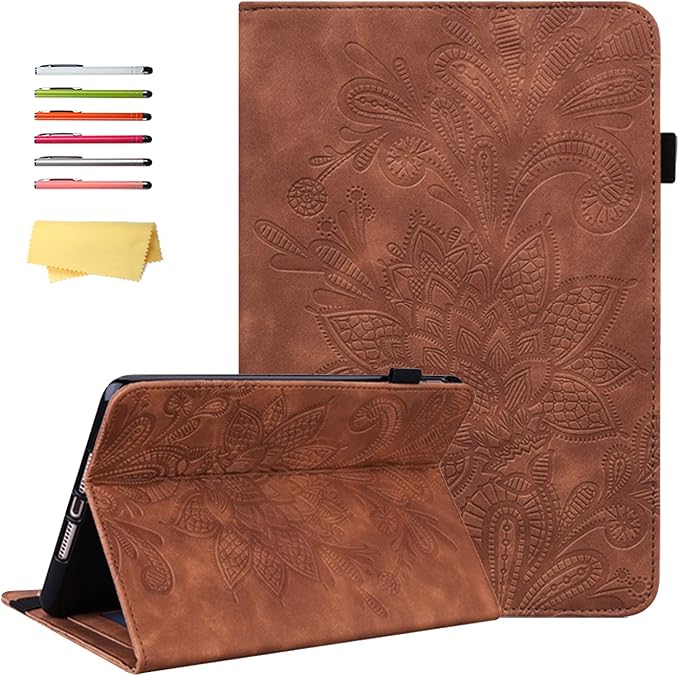 for Kindle Fire HD 8 Tablet (only Fits 10th Generation) &amp Fire HD 8 Plus 8 Case 2020 with Stand/Pencil Holder/Card Pocket/Elastic Band Embossed PU Leather Floral Cover Brown Peacock Flower
