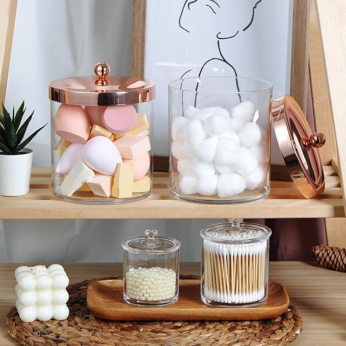 2 Pack SheeChung 50oz Large Apothecary Jar with Rose Gold Rust-Proof Lid - Shatterproof Plastic Laundry Pods Container - Chic Rose Gold Bathroom & Vanity Storage Organizer for Scent Beads, Salts
