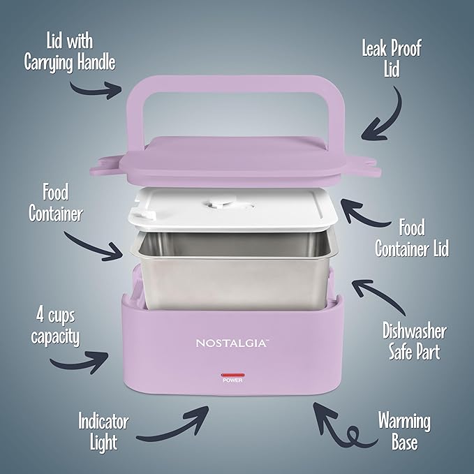 Nostalgia Portable Heated Lunch Box – 4-Cup Stainless Steel Food Warmer – Detachable Cord, Leak-Proof Lid, Carry Handle – Portable for Work & Travel – Lavender