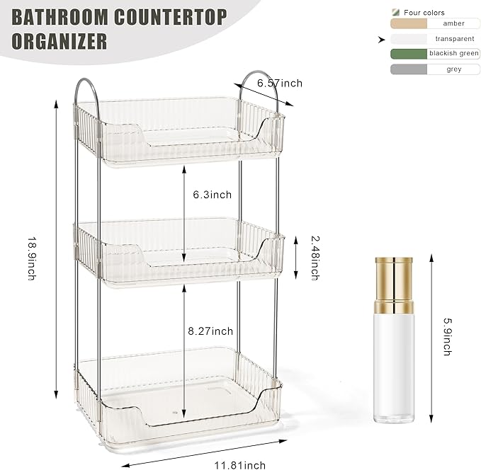 Bathroom Counter Organizer Countertop Storage Skincare Countertop Makeup Organizer Cosmetics Skincare Organizers Holder for Perfume-Clear White-Silver Pole-3 Tier