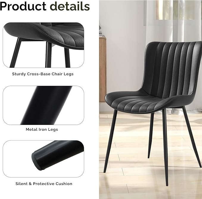 Dining Chairs, Modern Dining Room Chair 16 inch Leather with Wooden and Metal Frame, Set of 2 (Black)