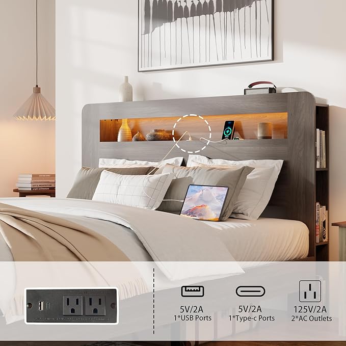 Wood Full Size Bed Frame with Headboard, Farmhouse Platform Bed Frame with Bookcase Shelf,LED Lights,Charging Station,Heavy Duty Supports,No Box Spring Needed,Dark Grey