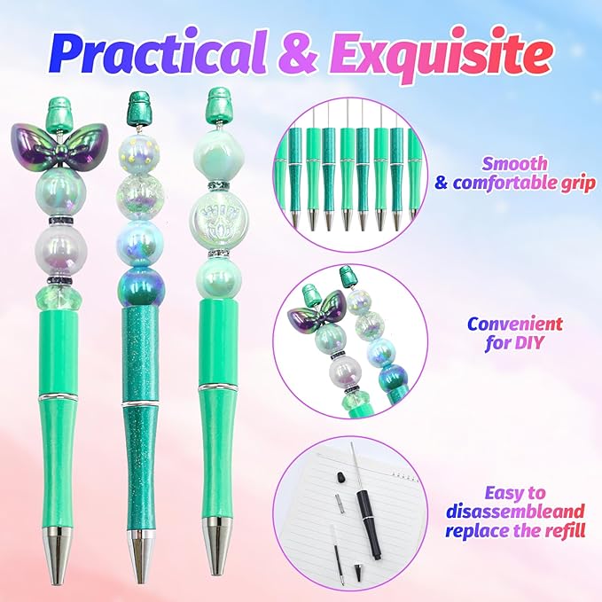 300 Pieces DIY Beadable Pen Kit – 100 Plastic Ballpoint Pens with Refills & Bags – School Supplies, Office Accessories & Decorative Items for Students & Teachers (Cyan)