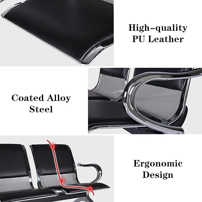 Kinfant 7-Seat Waiting Room Chairs Set - 3 Pieces PU Leather Office Guest Reception Chair Furniture Bench with Armrest for Waiting Area, Airport, Hospital, Bank, Salon, Barbershop, Black