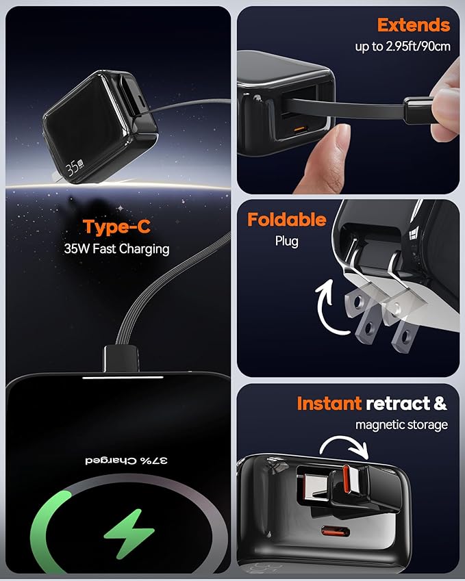 Retractable Wall Charger, 35W Fast USB C Charger Block with Extendable Type C Charing Cable for iPhone 16 15 Galaxy S25 24, Portable Retractable Charging Plug for Home Kitchen Office Travel