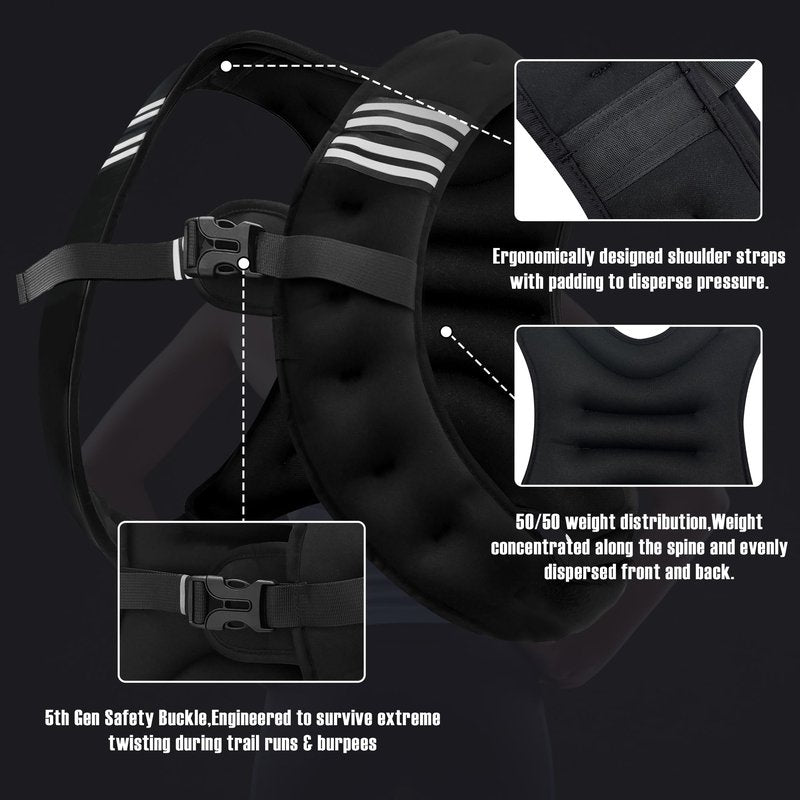 NATURELUX Weighted Vest with Reflective Stripe and Adjustable Buckle Straps, Black, 5 lbs