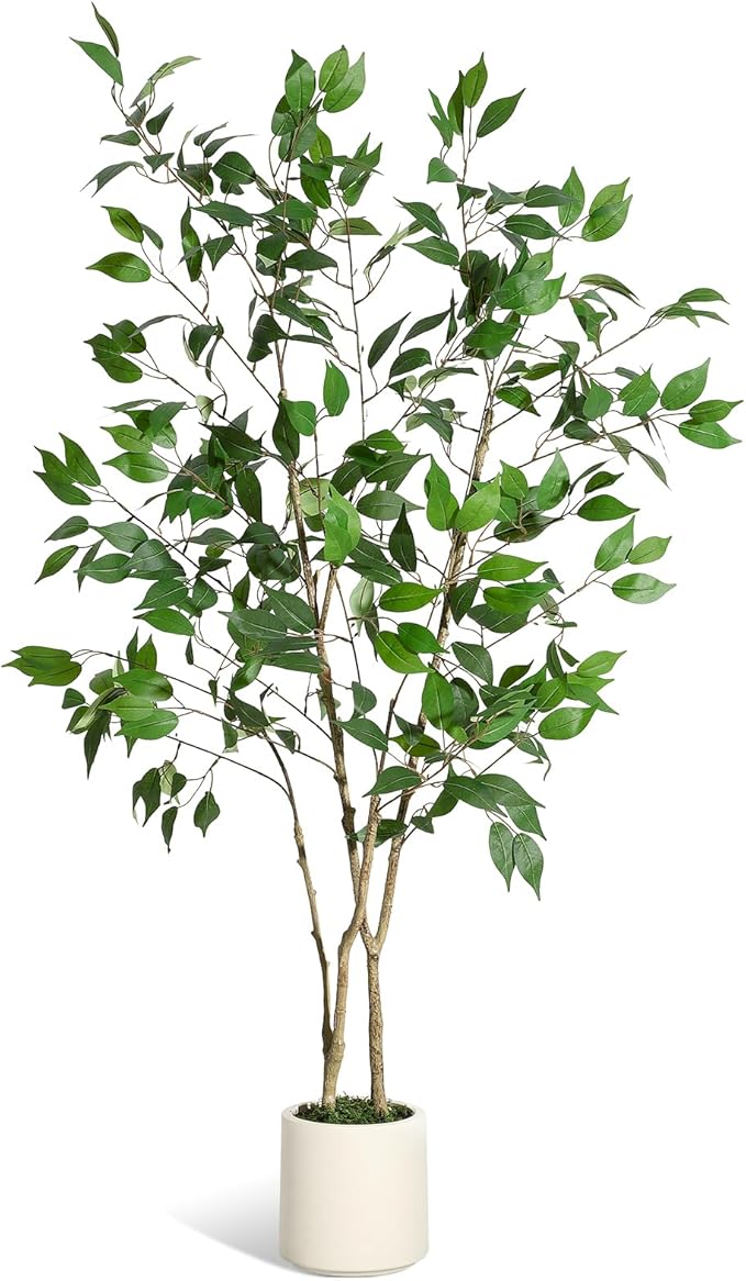 5FT Ficus Trees Artificial Indoor, Faux Silk Plant with Natural Wood Trunk and Lifelike Fruits, White Imitation Ceramic Planter with Green Fake Moss for Modern Home Office Living Room Decor