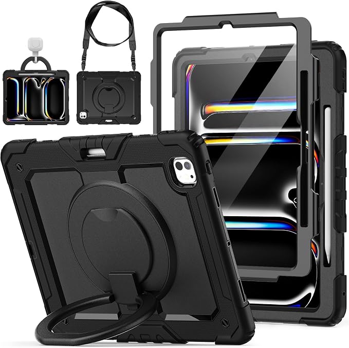 for iPad Pro 11 inch Protective Case M5 2025/M4 2024: Heavy Duty Shockproof Case with Pencil Holder - 360°Rotating Handle/Stand - Screen Protector - Shoulder Strap Black/Sky Blue