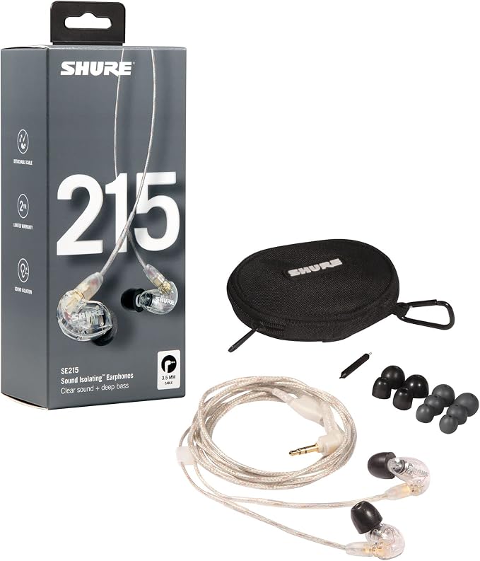 Shure SE215 PRO Sound Isolating Wired Earbuds - Black | Professional in-ear monitors with deep bass single dynamic driver secure fit detachable cable and carrying case