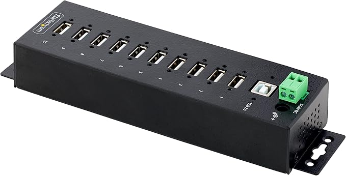 StarTech.com 10-Port Industrial USB 2.0 Hub, Rugged USB Hub w/ESD Level 4 Protection, DIN/Wall/Desk-Mountable USB-A Hub, USB Port Expander w/Lockable Ports, USB Expansion Hub, TAA