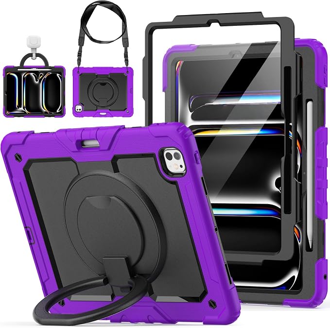 for iPad Pro 11 inch Protective Case M5 2025/M4 2024: Heavy Duty Shockproof Case with Pencil Holder - 360°Rotating Handle/Stand - Screen Protector - Shoulder Strap Black/Sky Blue