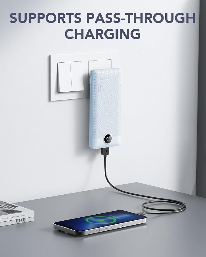 VRURC Portable Charger Power Bank Built-in Cables and AC Wall Plug | USB C Portable Bank 10000mAhTravel Essentials Phone Charger Compact External Battery Pack for Smart PhonesTablets-Black