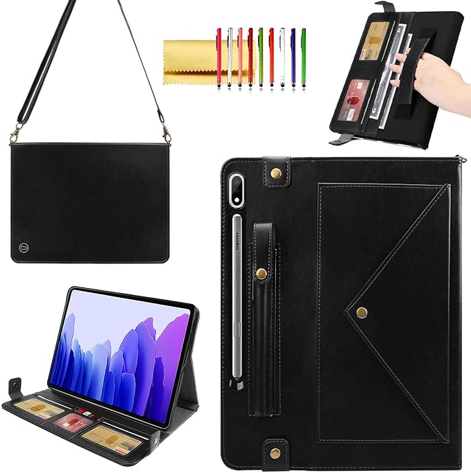 Handbag Case for Samsung Galaxy Tab S10 FE/S9 FE 10.9/S9/S8/S7 11 Techcircle Folio Stand Crossbody Wallet Protective Cover with S Pen Holder &amp Card Slots Hand Strap &amp Shoulder Strap Black