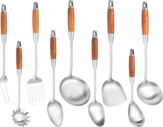 NIITAWH Stainless Steel Kitchen Utensils Set for Cooking Wooden Handle