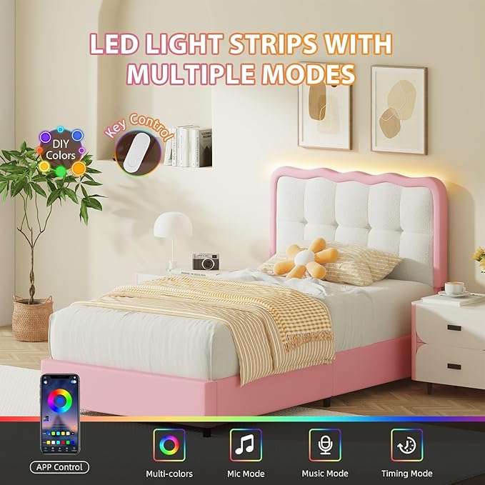 BarnFurin Twin Bed Frame with LED Lights, Twin Size Bed Frame with Cloud Headboard LED Lights, Cloud Bed with Headboard for Kids, No Box Spring Required, Easy Assembly, Pink