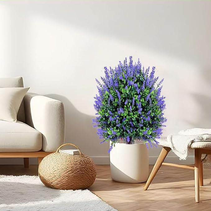 Fake Lavender Plant Set of 2: 24" Tall Outdoor Artificial Plants with Ground Spike, UV Resistant for Indoor/Outdoor Decor