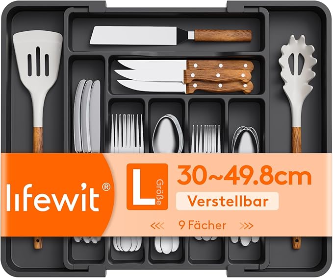 Lifewit Utensil Organizer for Kitchen Drawer, Expandable Cooking Silverware Tray, Adjustable Cutlery Flatware Holder, Plastic Spatula Tools Storage Divider, 11.8-19.6 x 15", Black