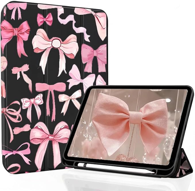 for iPad A16 11 Inch 2025 /for iPad 10th Generation 10.9 Inch 2022 Cute iPad Black Case with Pencil Holder-[Auto Wake/Sleep] Trifold Stand Soft TPU Protective Cover Pink Bows