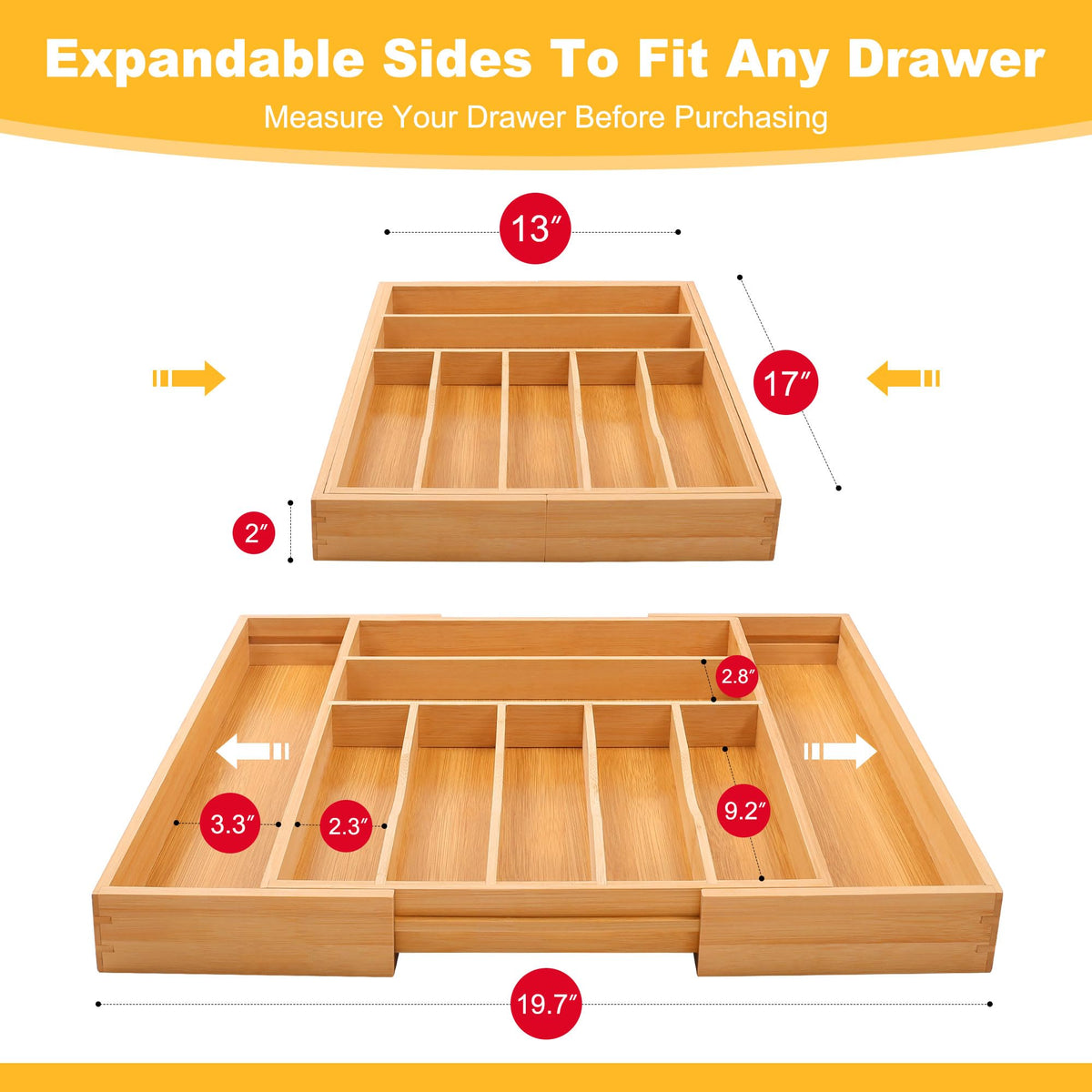 oridom Large Premium Bamboo Silverware Organizer - Expandable Drawer Organizer & Utensil Organizer - 17"x19.7" Cutlery Tray with Dividers for Kitchen Utensils and Flatware (7-9 Slots) (Natural)