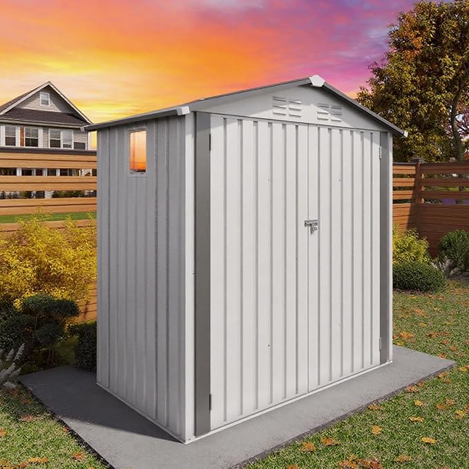 6 x 4 FT Outdoor Storage Metal Shed, Bike Garden Tool Shed with Slooping Roof, Lockable Doors and Aluminum Frames, Shed Easy to Assemble for Garden, Patio, Lawn, White
