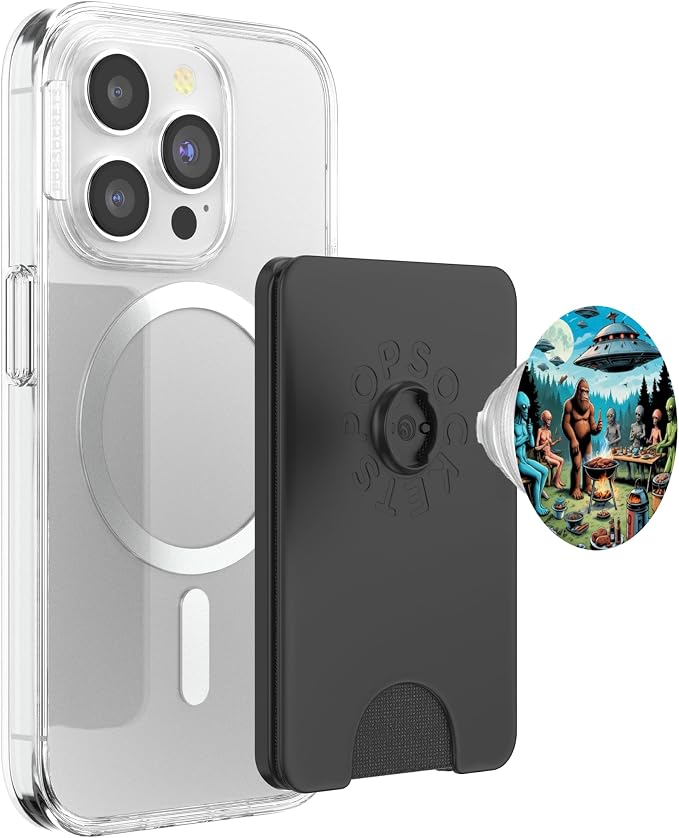 Alien and Bigfoot BBQ UFO Illustration Print PopSockets PopWallet for MagSafe