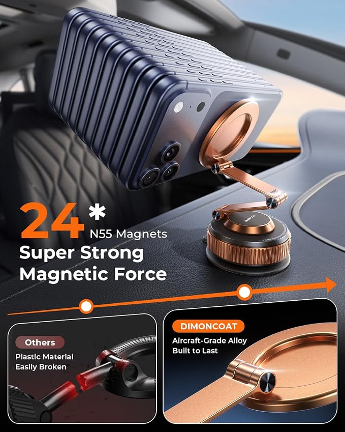 Vacuum Magnetic Car Phone Holder for Magsafe，Long Arm for Tesla Model Y/3 | All Metal，Nano Gel 119+LBS Max Suction，Foldable Hidden Tesla Phone Mount，360°Rotation，Easiest Car Mount for iPhone &amp And
